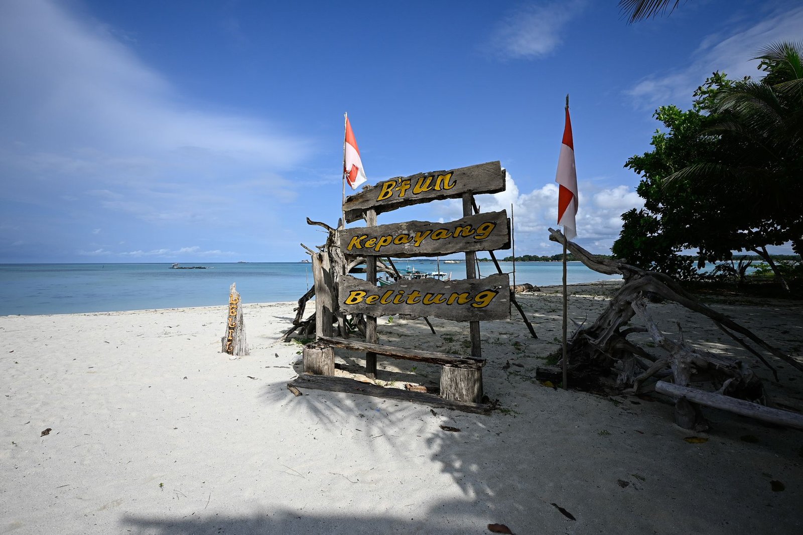 idyllic beach scene with driftwood sign and flags